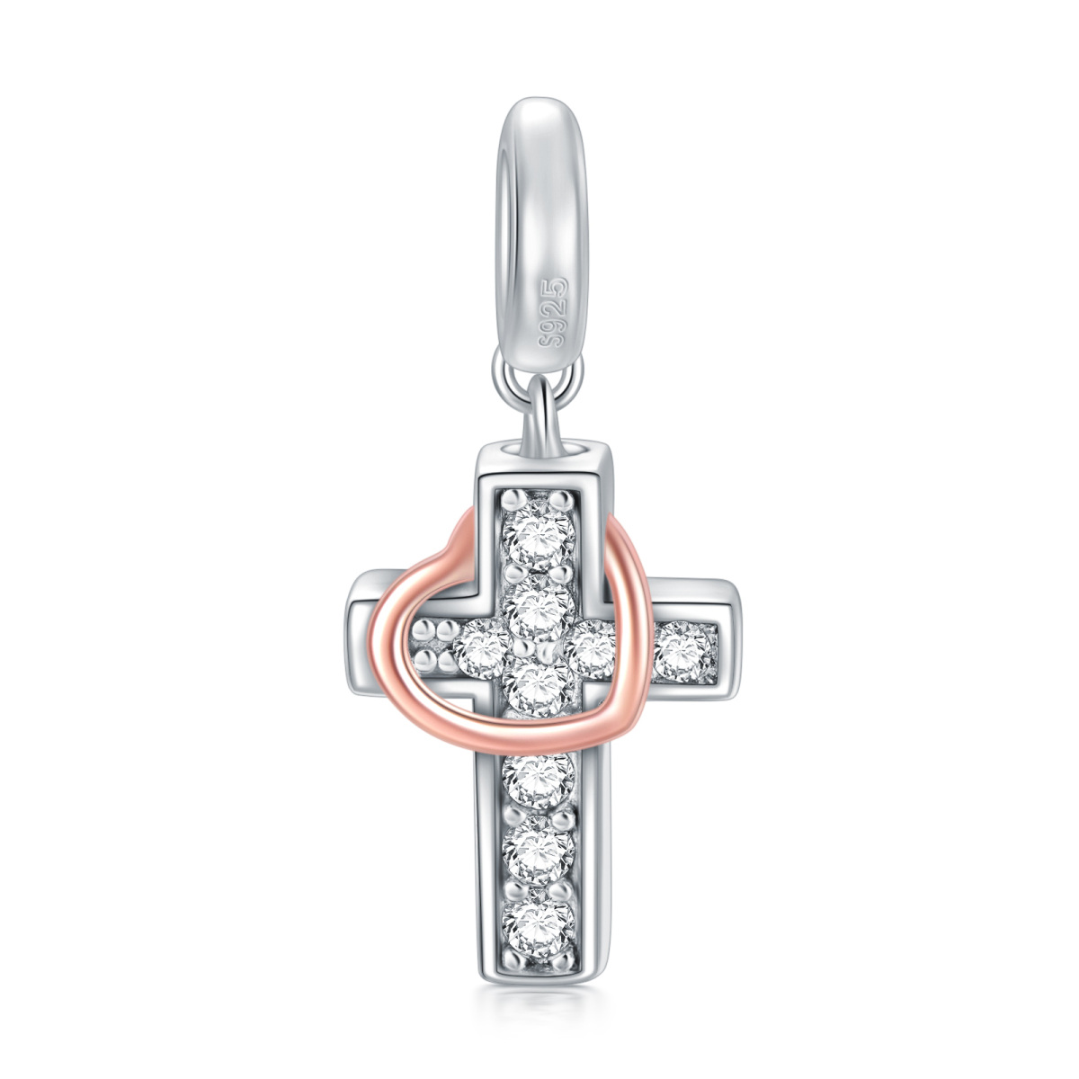 Sterling Silver Two-tone Circular Shaped Cubic Zirconia Cross & Heart Dangle Charm with Engraved Word-1