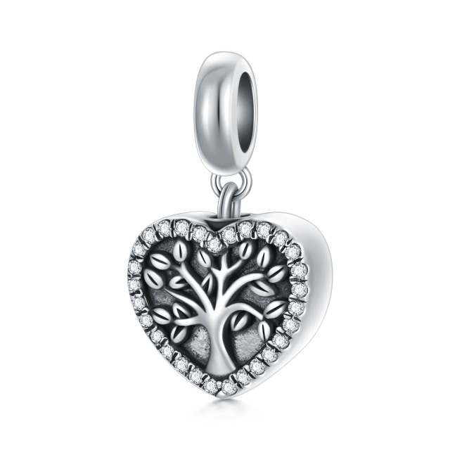 Sterling Silver Circular Shaped Cubic Zirconia Tree Of Life & Heart Dangle Charm with Engraved Word-4