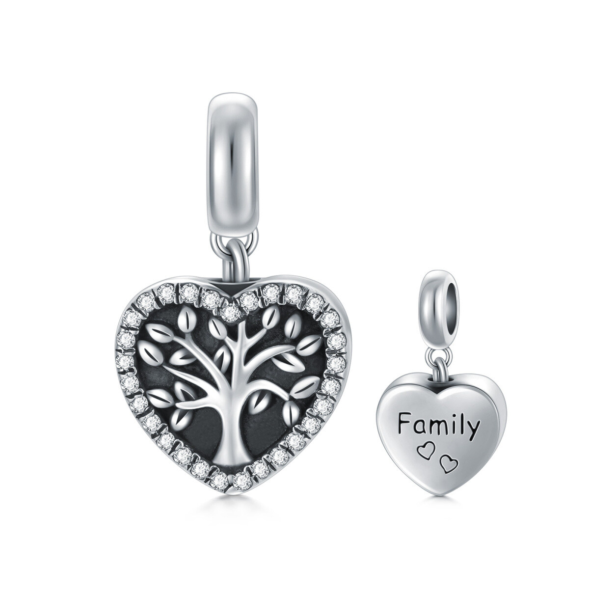Sterling Silver Circular Shaped Cubic Zirconia Tree Of Life & Heart Dangle Charm with Engraved Word-1