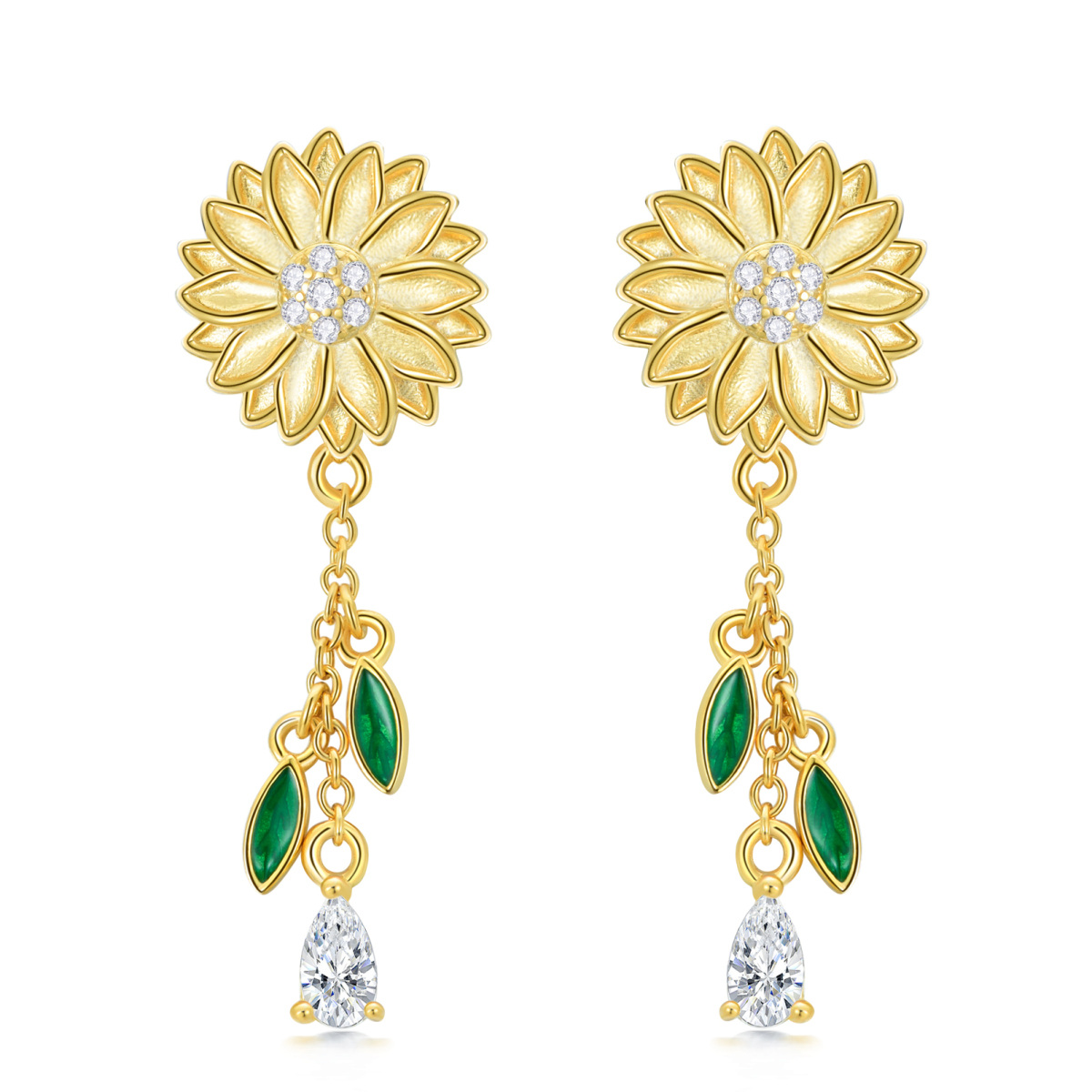 Sterling Silver with Yellow Gold Plated Pear Shaped Cubic Zirconia Sunflower Drop Earrings-1