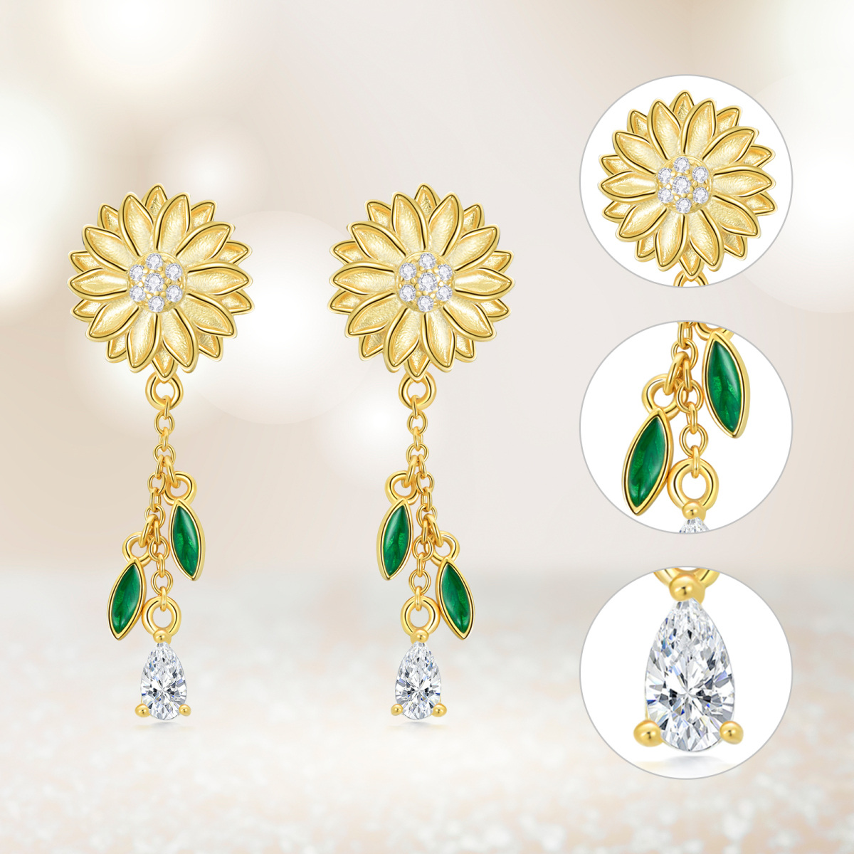 Sterling Silver with Yellow Gold Plated Pear Shaped Cubic Zirconia Sunflower Drop Earrings-5