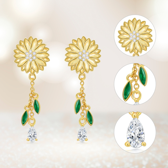 Sterling Silver with Yellow Gold Plated Pear Shaped Cubic Zirconia Sunflower Drop Earrings-5