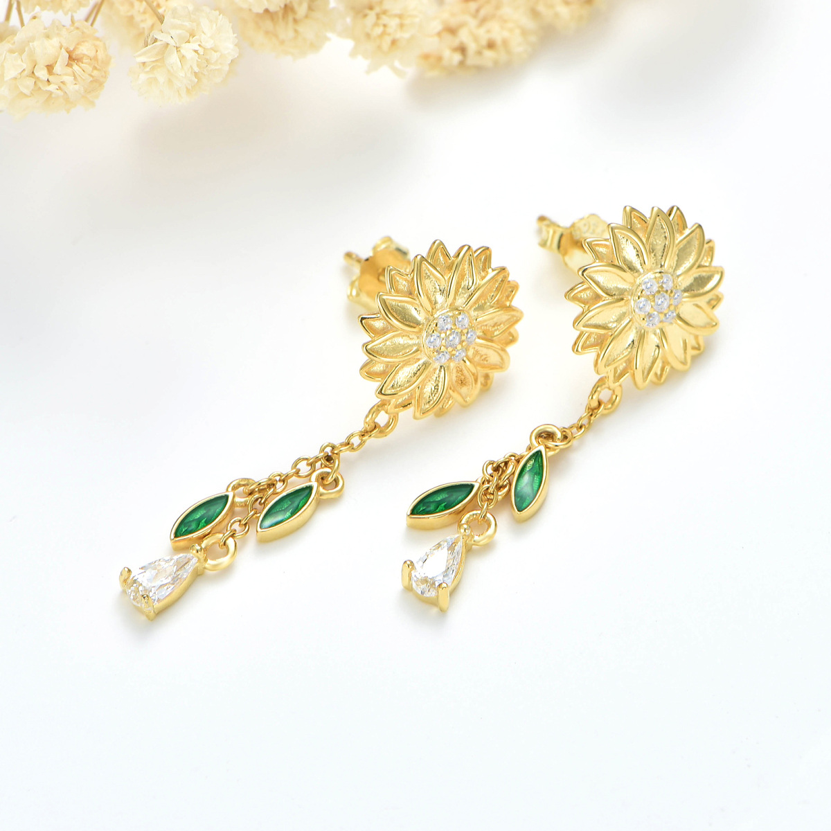 Sterling Silver with Yellow Gold Plated Pear Shaped Cubic Zirconia Sunflower Drop Earrings-4