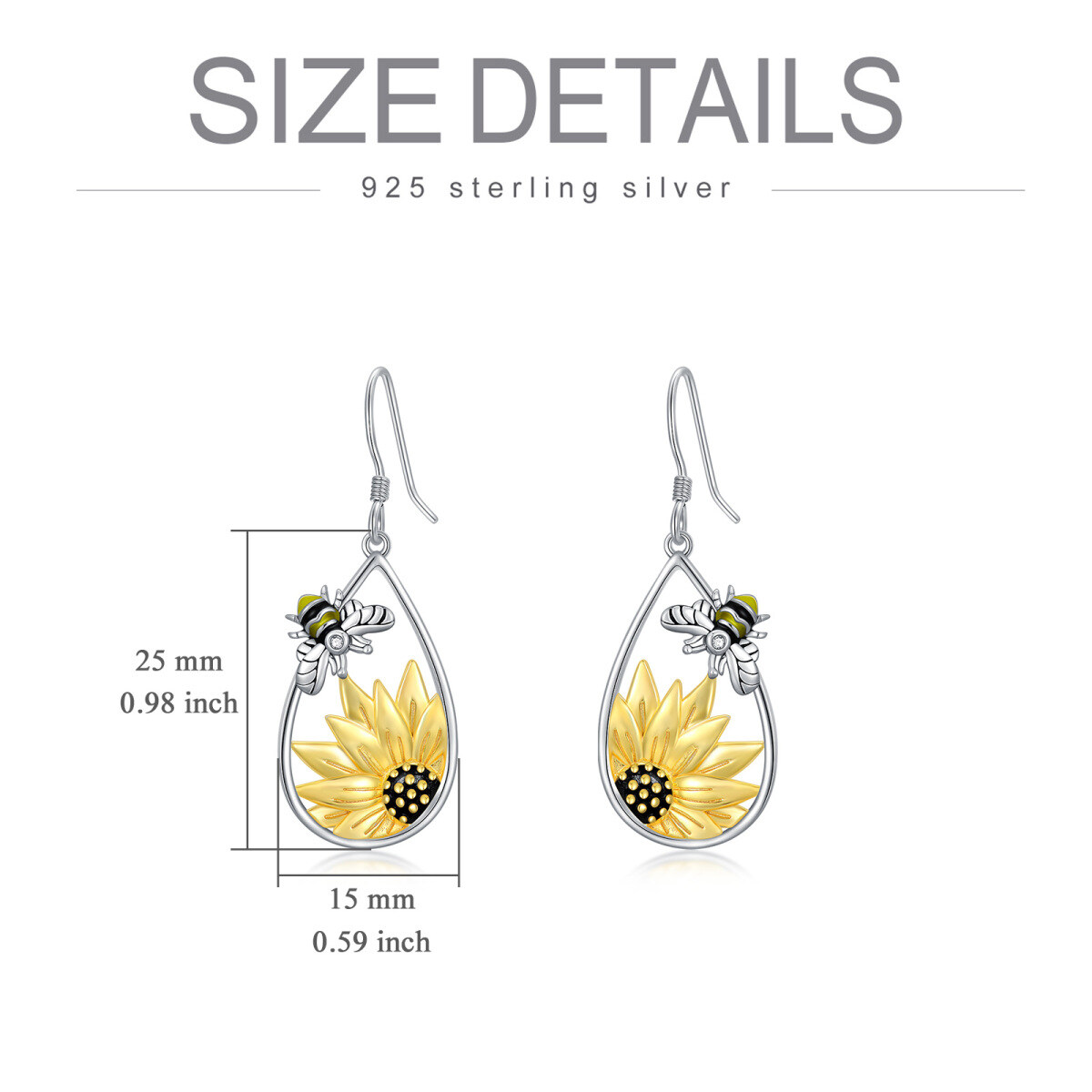 Sterling Silver Two-tone Bee & Sunflower Drop Earrings-6