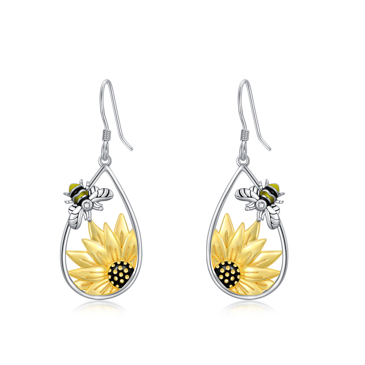 Sterling Silver Two-tone Bee & Sunflower Drop Earrings-1