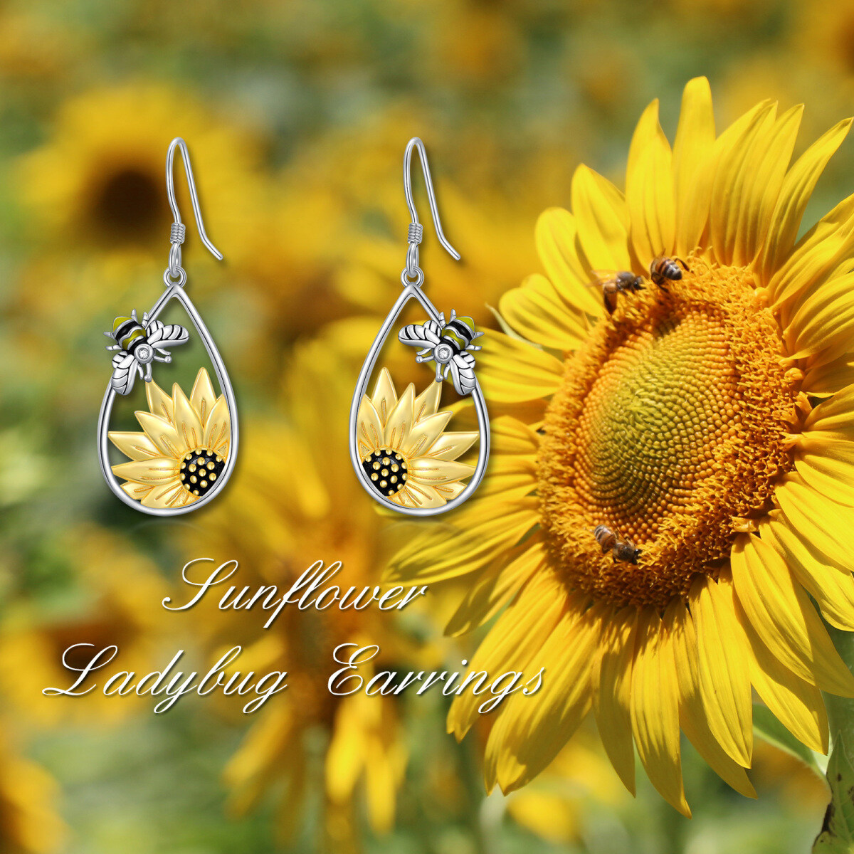 Pendants d'oreilles abeille et tournesol en argent sterling bicolore-3