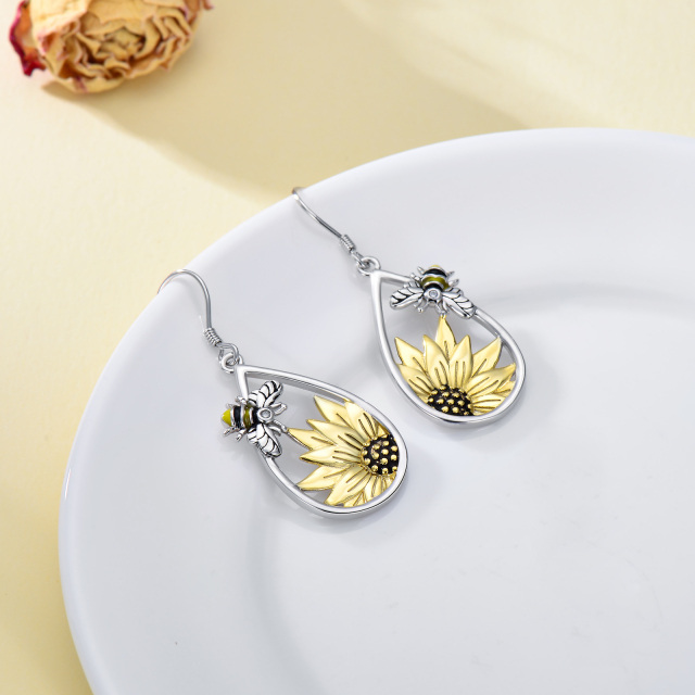 Sterling Silver Two-tone Bee & Sunflower Drop Earrings-4