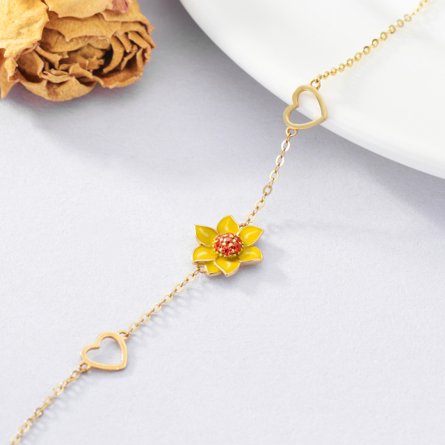 14K Gold Cubic Zirconia Sunflower & Heart Pendant Bracelet-2