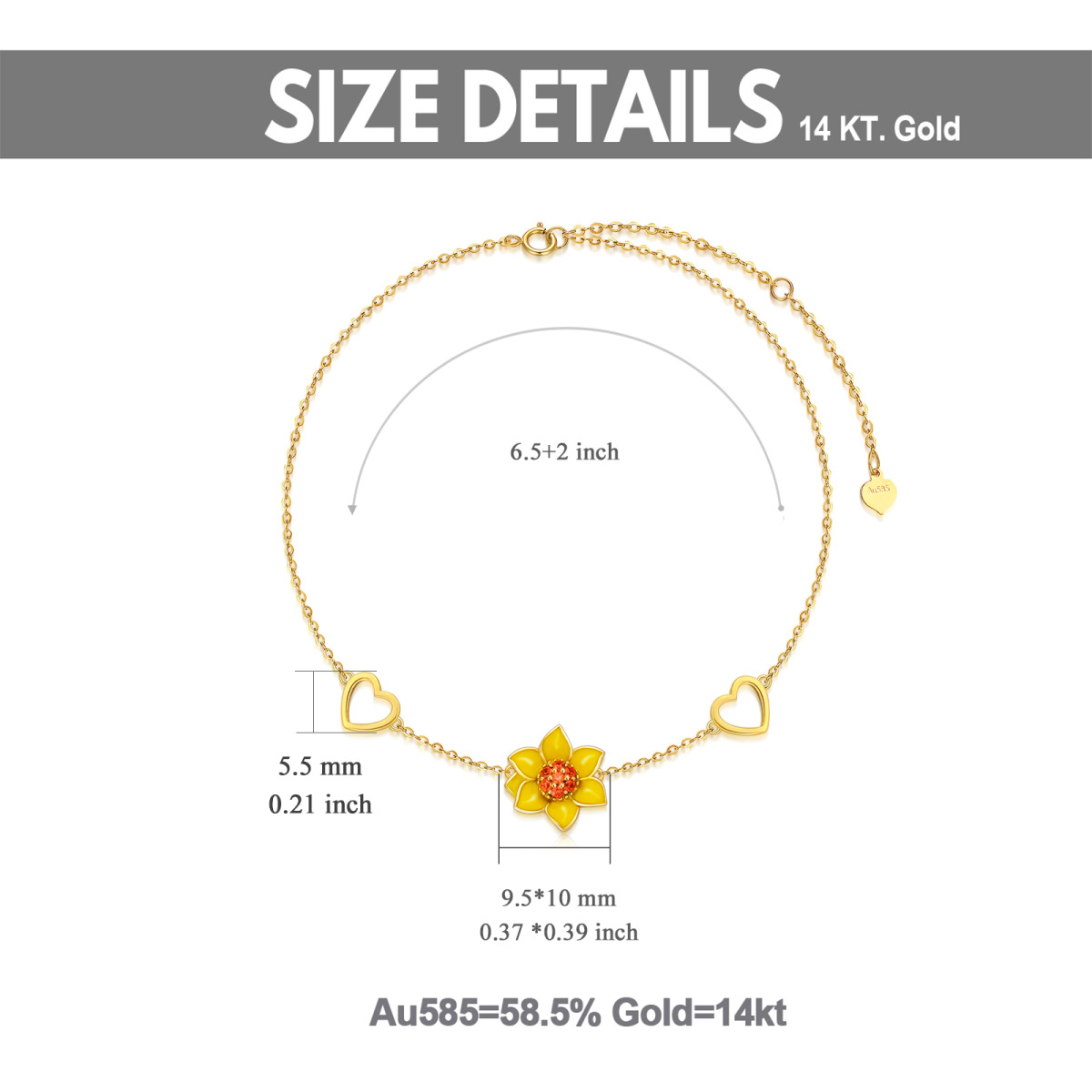 Bracelet en or 14K avec pendentif tournesol et coeur en zircon cubique-5