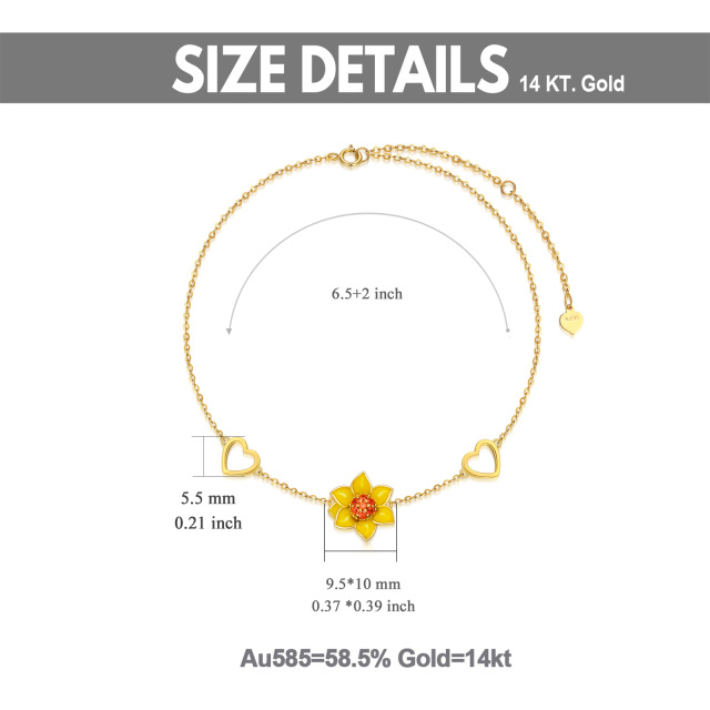 14K Gold Cubic Zirconia Sunflower & Heart Pendant Bracelet-4