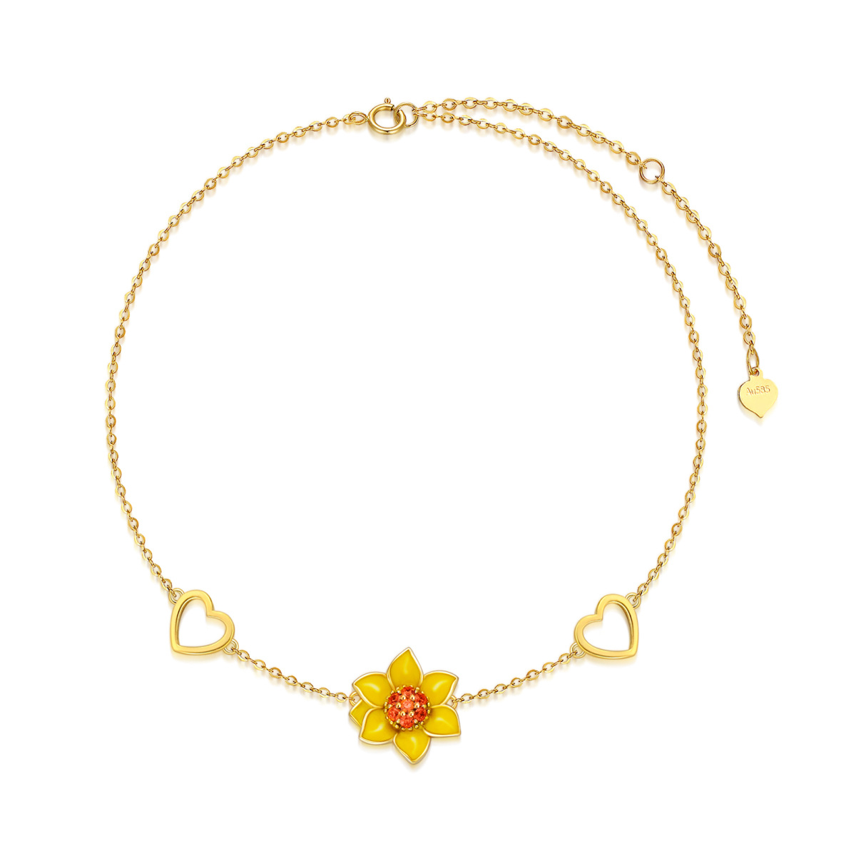 Bracelet en or 14K avec pendentif tournesol et coeur en zircon cubique-1