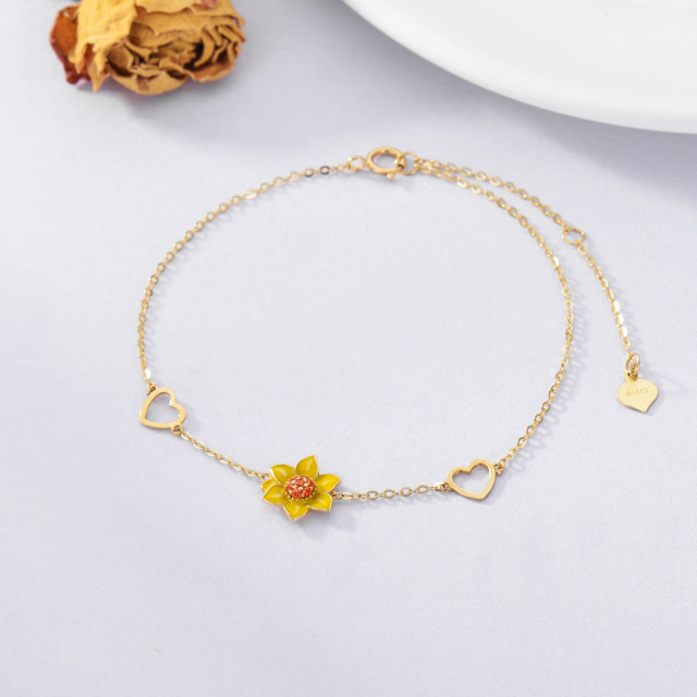 14K Gold Cubic Zirconia Sunflower & Heart Pendant Bracelet-3