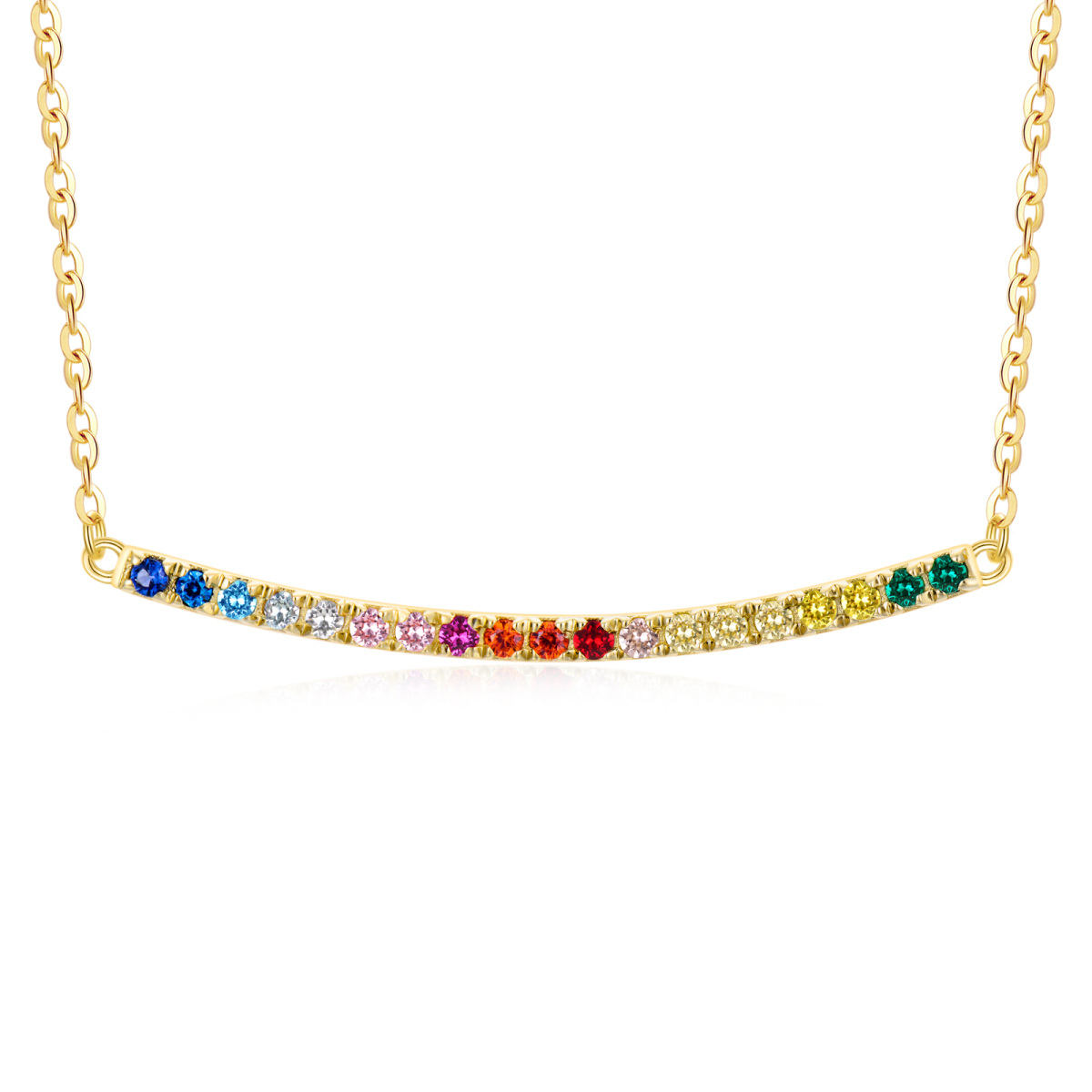 9K Gold Circular Shaped Cubic Zirconia Rainbow Bar Necklace-1