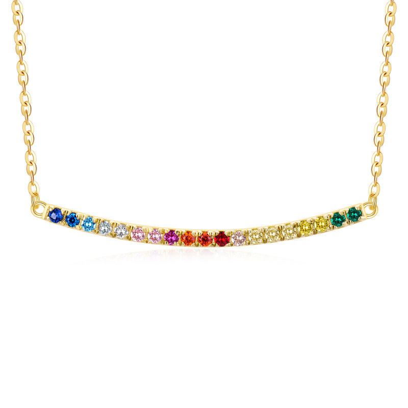 9K Gold Circular Shaped Cubic Zirconia Rainbow Bar Necklace