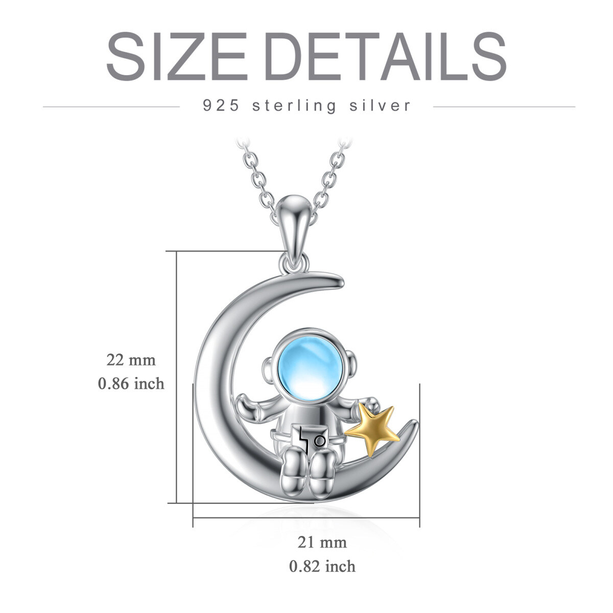 Sterling Silver Two-tone Circular Shaped Moonstone Astronaut & Moon & Star Pendant Necklace-5