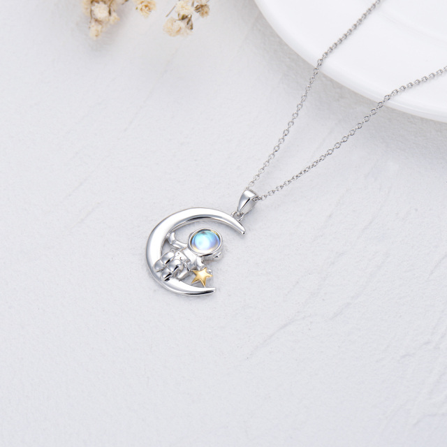 Sterling Silver Two-tone Circular Shaped Moonstone Astronaut & Moon & Star Pendant Necklace-4