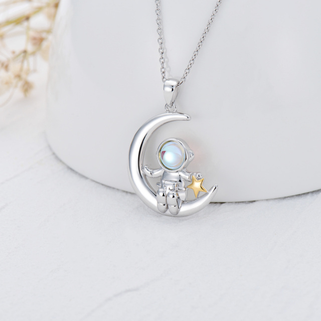 Sterling Silver Two-tone Circular Shaped Moonstone Astronaut & Moon & Star Pendant Necklace-3