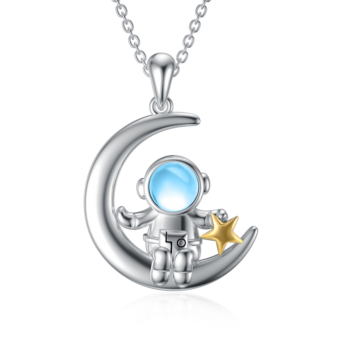 Sterling Silver Two-tone Circular Shaped Moonstone Astronaut & Moon & Star Pendant Necklace-1