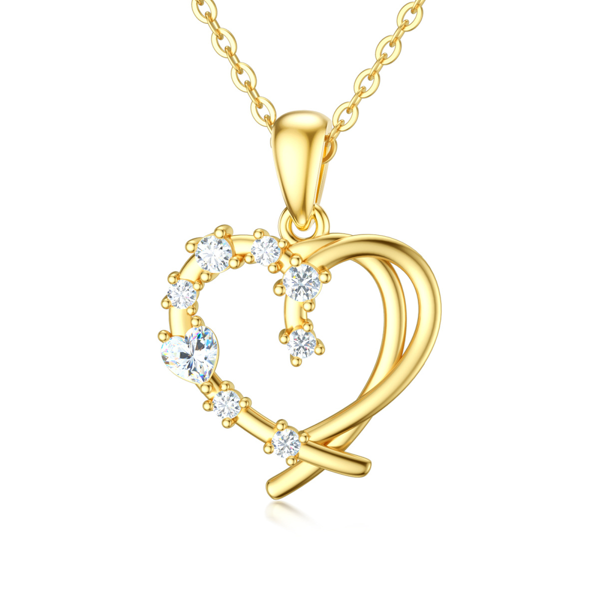 14K Gold Cubic Zirconia Heart With Heart Pendant Necklace-1