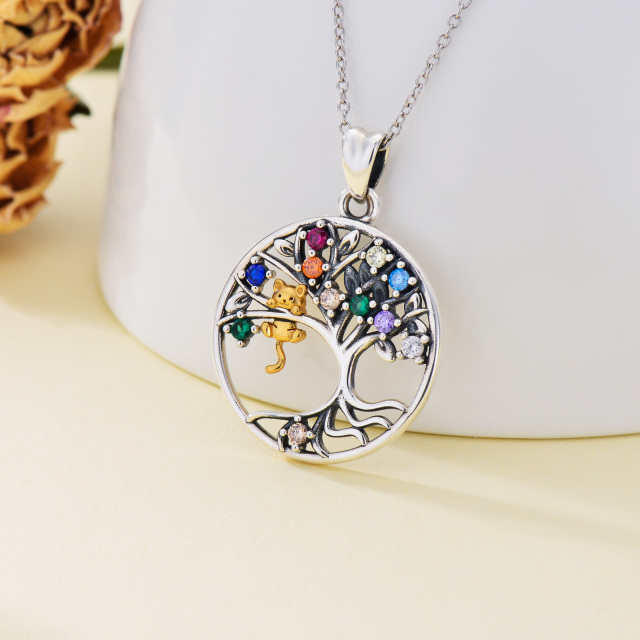 Sterling Silver Two-tone Circular Shaped Cubic Zirconia Cat & Tree Of Life Pendant Necklace-2