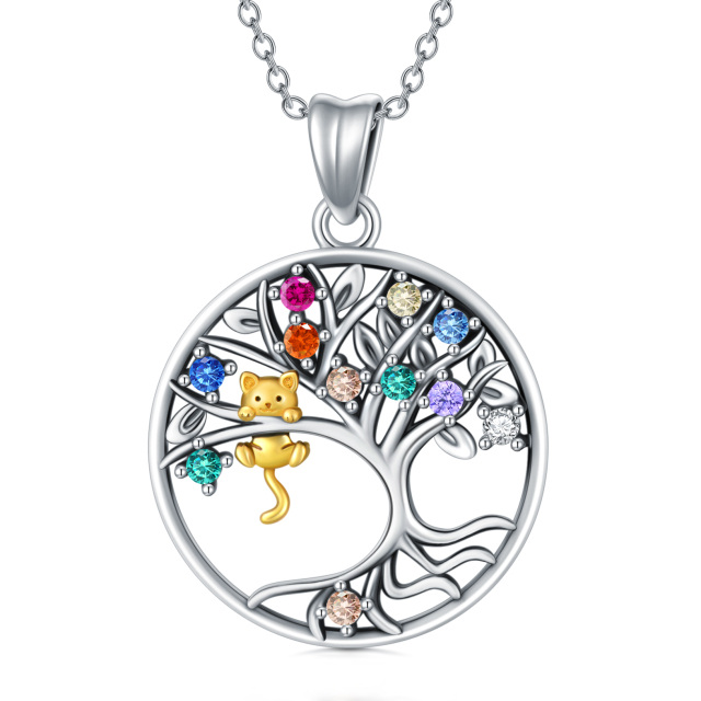 Sterling Silver Two-tone Circular Shaped Cubic Zirconia Cat & Tree Of Life Pendant Necklace-0