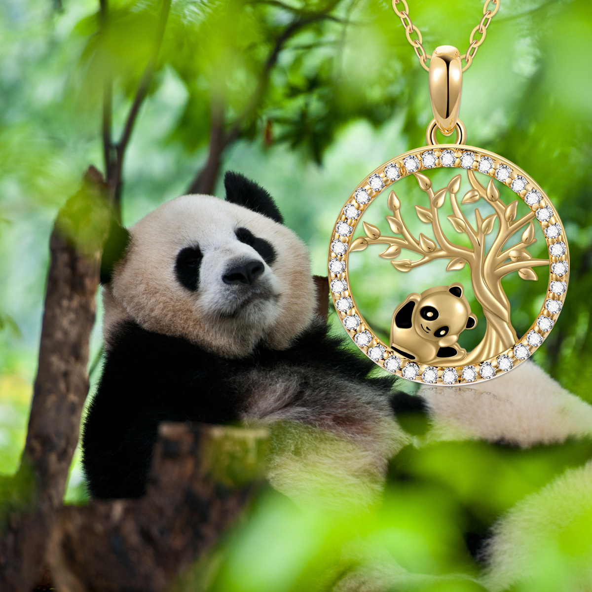 14K Gold Moissanite Panda & Tree Of Life Pendant Necklace-5