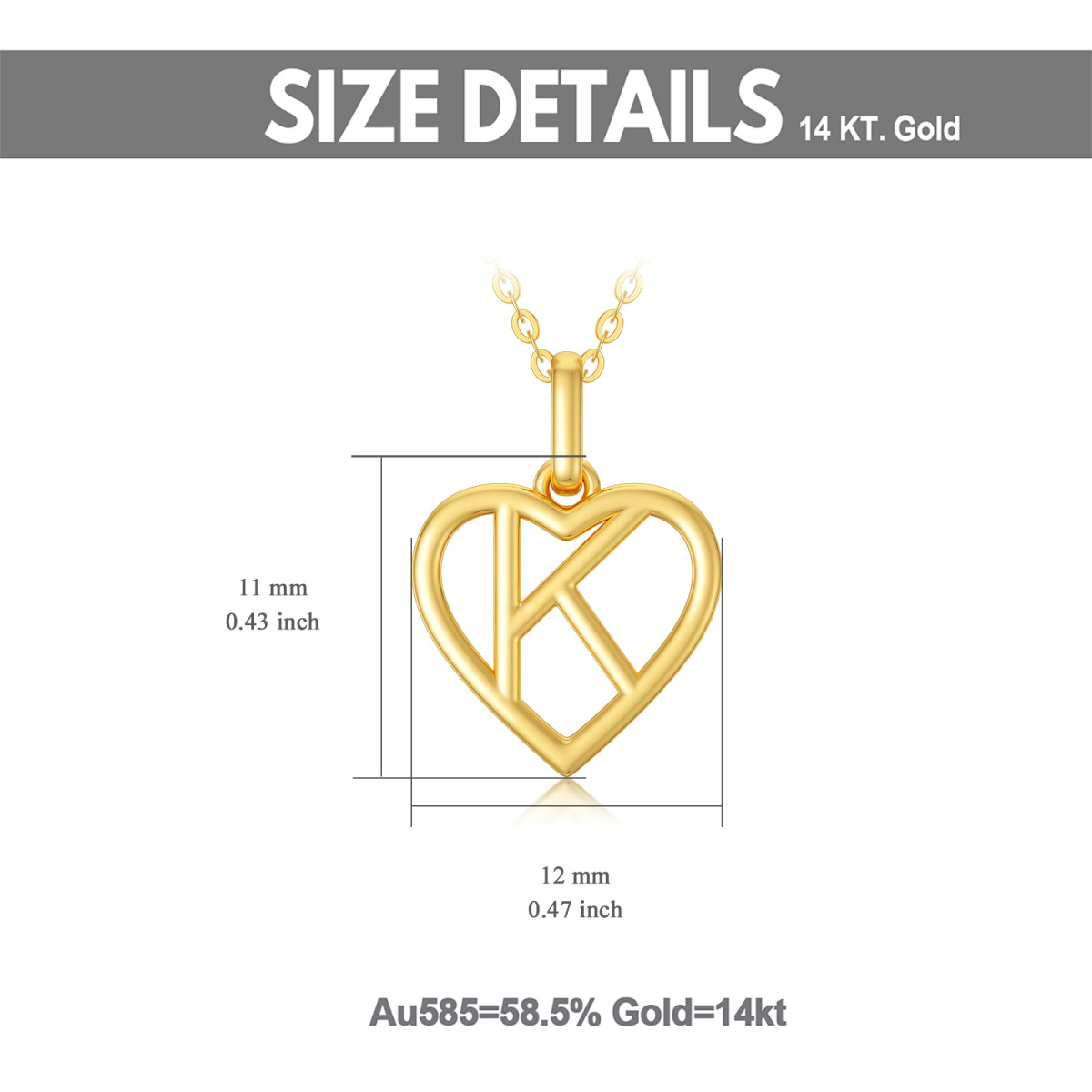 Collier pendentif coeur en or 14K avec lettre initiale K-6