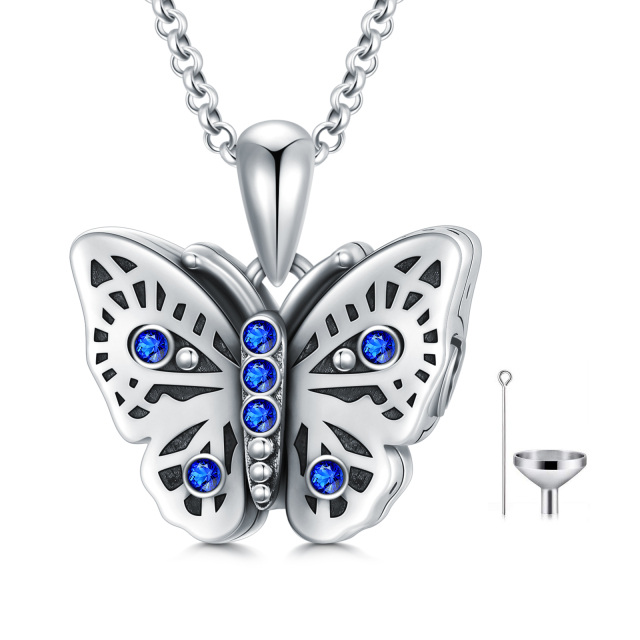 Sterling Silver Circular Shaped Crystal Butterfly Urn Necklace for Ashes with Engraved Word-0