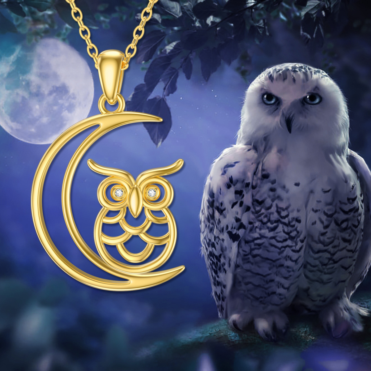 9K Gold Circular Shaped Cubic Zirconia Owl Pendant Necklace-6