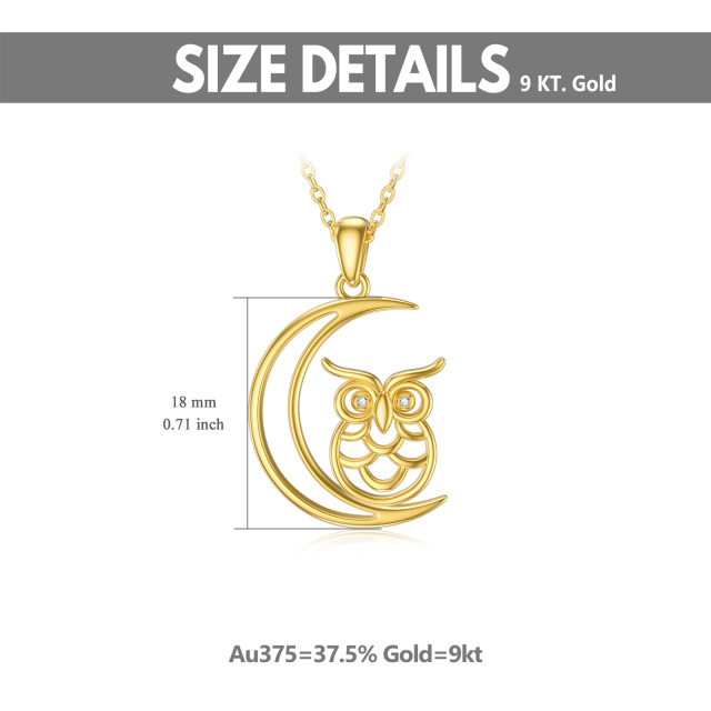 9K Gold Circular Shaped Cubic Zirconia Owl Pendant Necklace-2