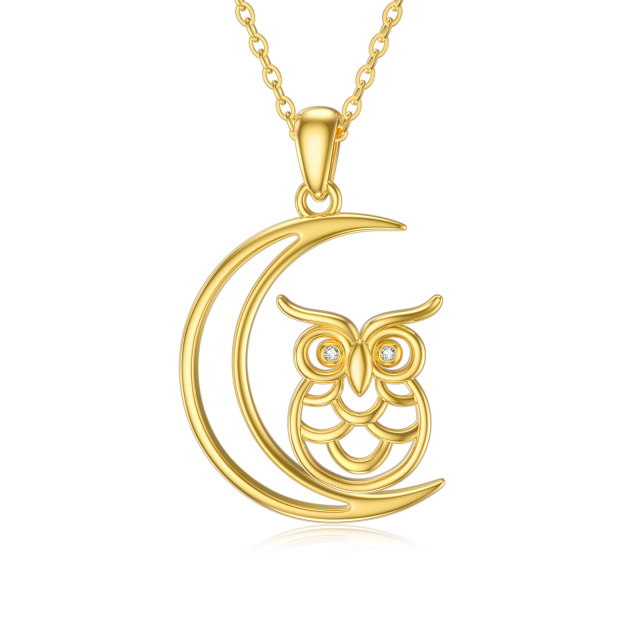 9K Gold Circular Shaped Cubic Zirconia Owl Pendant Necklace-1