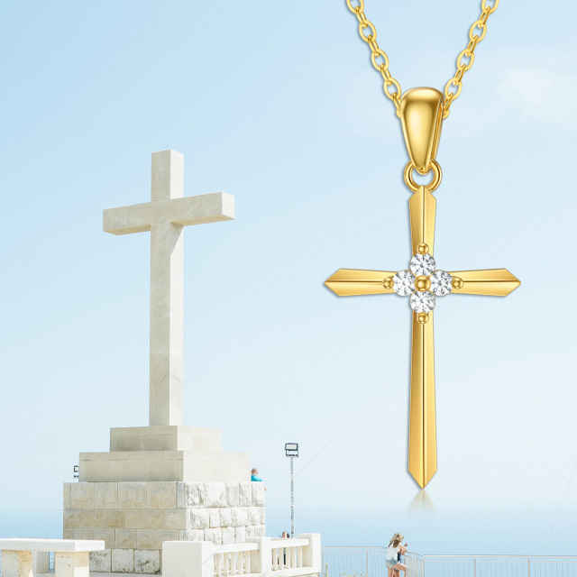 9K Gold Cubic Zirconia Sword Cross Pendant Necklace-5