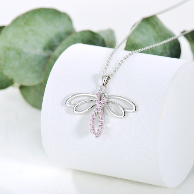 Sterling Silver Circular Shaped Cubic Zirconia Dragonfly & Ribbon Pendant Necklace-3