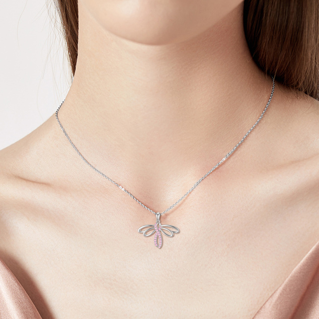 Sterling Silver Circular Shaped Cubic Zirconia Dragonfly & Ribbon Pendant Necklace-2
