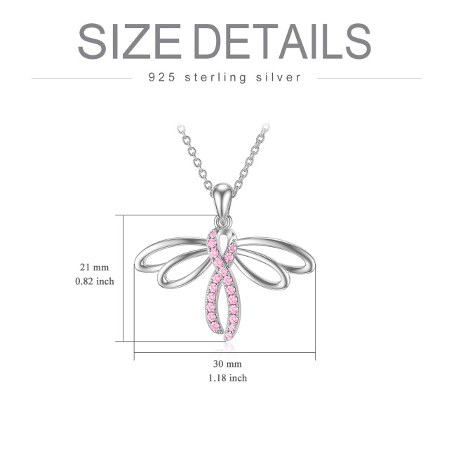 Sterling Silver Circular Shaped Cubic Zirconia Dragonfly & Ribbon Pendant Necklace-5