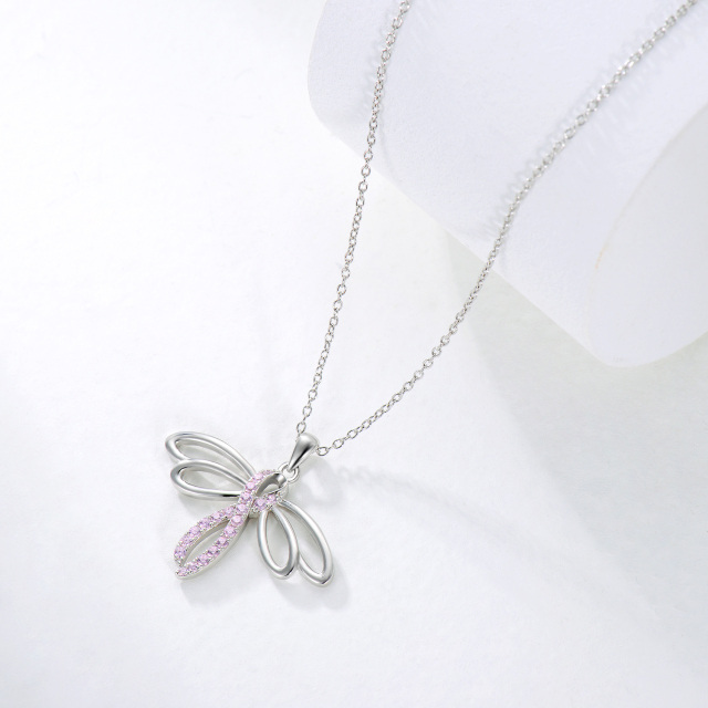 Sterling Silver Circular Shaped Cubic Zirconia Dragonfly & Ribbon Pendant Necklace-4