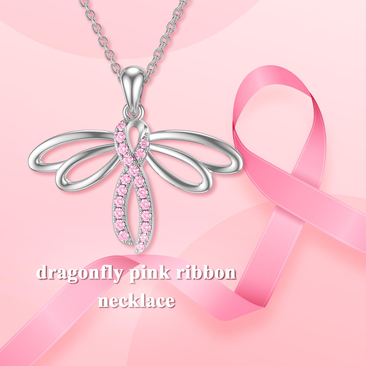 Sterling Silver Circular Shaped Cubic Zirconia Dragonfly & Ribbon Pendant Necklace-6
