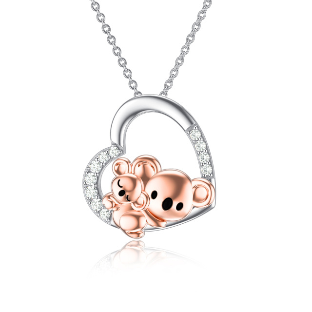 Sterling Silver Two-tone Circular Shaped Cubic Zirconia Koala & Heart Pendant Necklace-1