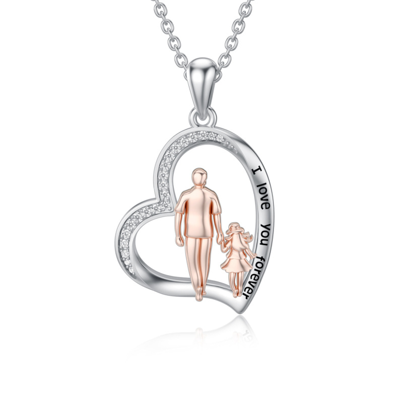 Sterling Silver Two-tone Cubic Zirconia Father & Daughter Heart Pendant Necklace Engraved I Love You Forever