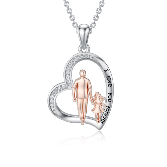 Sterling Silver Two-tone Cubic Zirconia Father & Daughter Heart Pendant Necklace Engraved I Love You Forever-0
