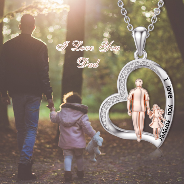 Collier en argent sterling avec pendentif en forme de coeur père et fille en zircon cubique bicolore gravé I Love You Forever-2