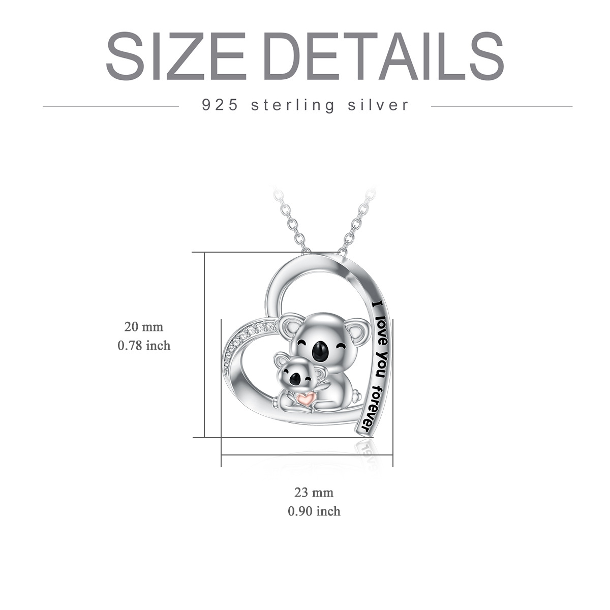 Sterling Silver Two-tone Circular Shaped Cubic Zirconia Koala & Heart Pendant Necklace with Engraved Word-5