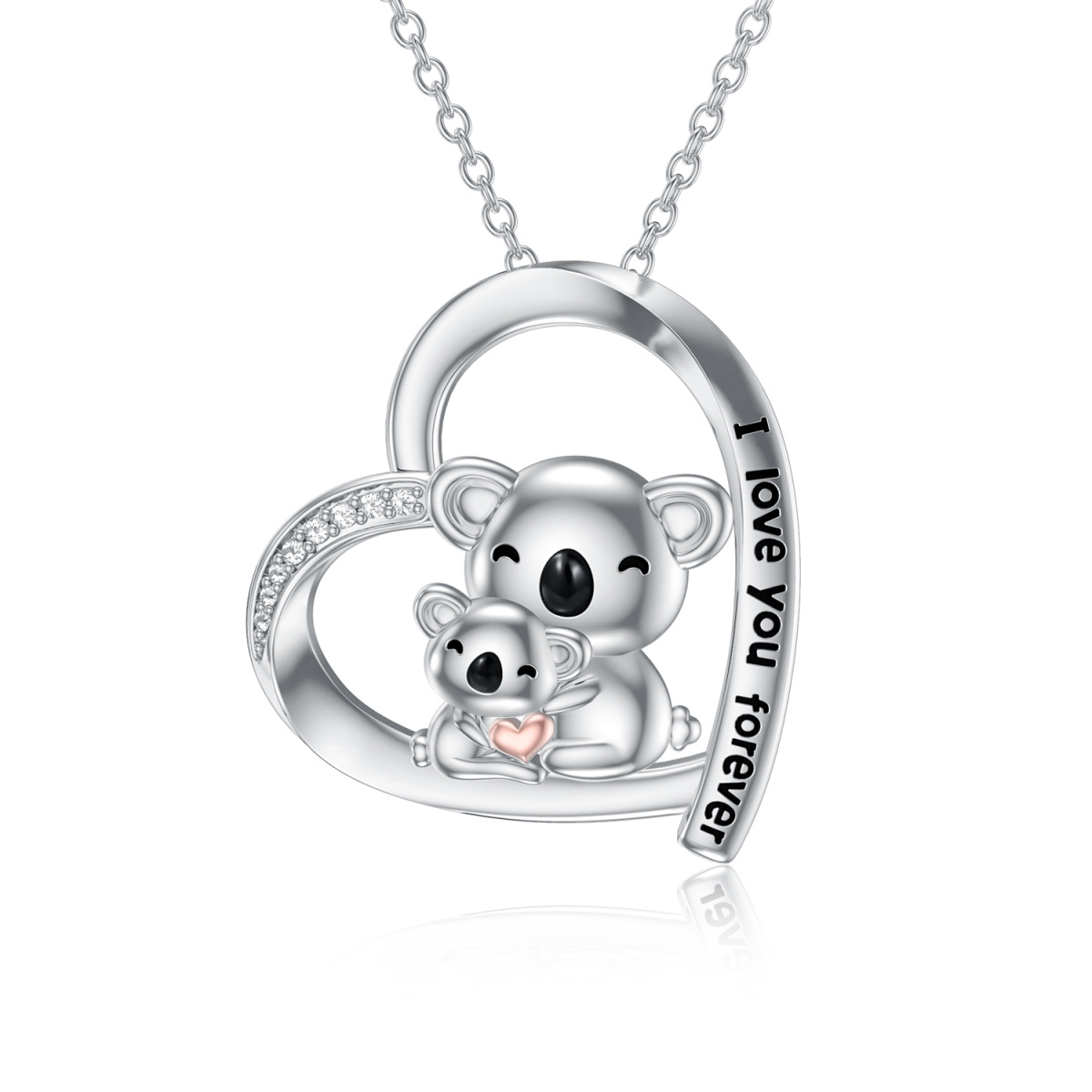 Sterling Silver Two-tone Circular Shaped Cubic Zirconia Koala & Heart Pendant Necklace with Engraved Word-1