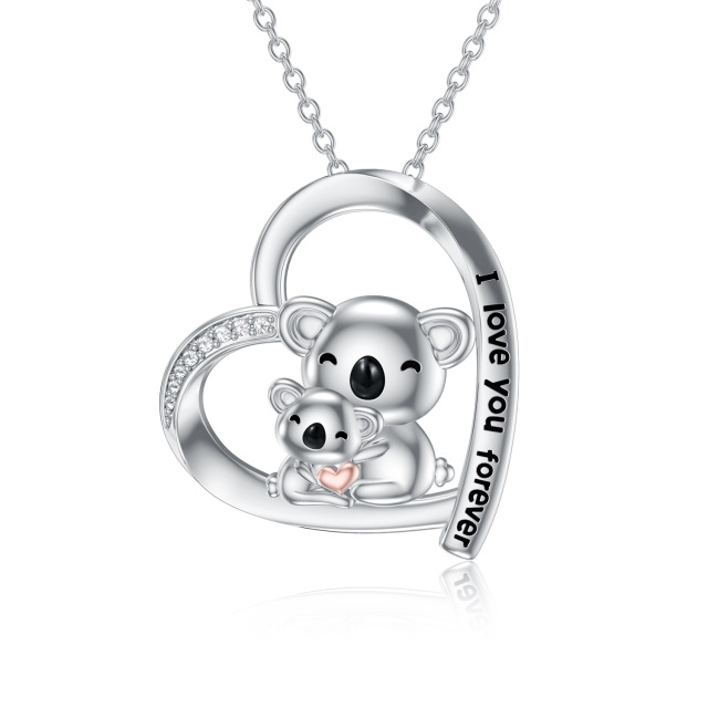 Sterling Silver Two-tone Circular Shaped Cubic Zirconia Koala & Heart Pendant Necklace with Engraved Word-4