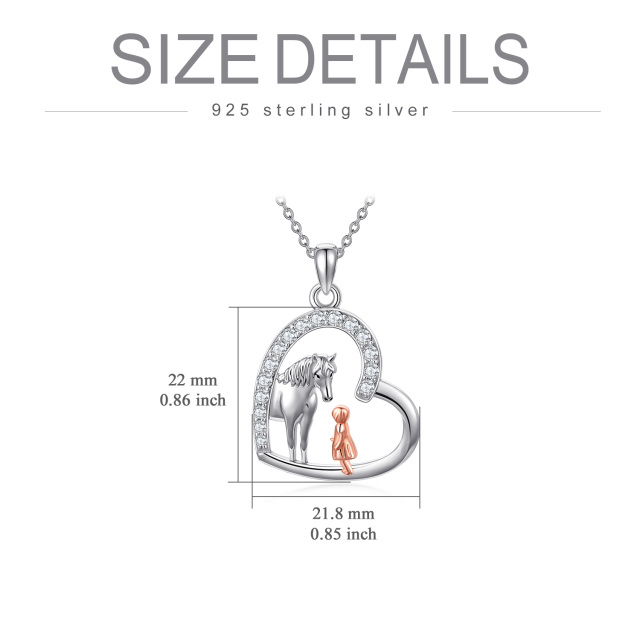 Sterling Silver Two-tone Circular Shaped Cubic Zirconia Horse & Heart Pendant Necklace-4