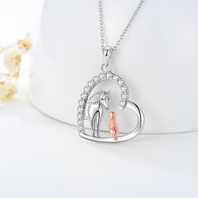 Sterling Silver Two-tone Circular Shaped Cubic Zirconia Horse & Heart Pendant Necklace-2