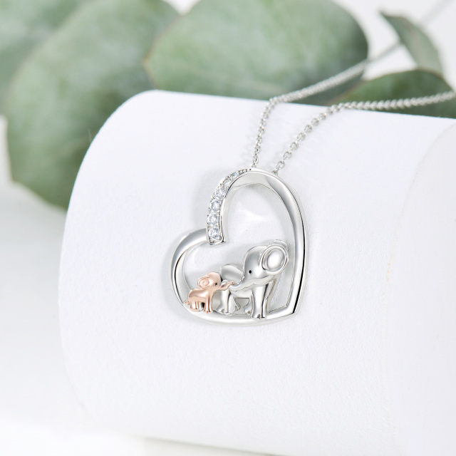 Sterling Silver Two-tone Cubic Zirconia Elephant Mother & Baby Heart Pendant Necklace-2