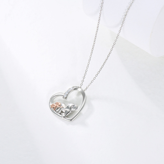 Sterling Silver Two-tone Cubic Zirconia Elephant Mother & Baby Heart Pendant Necklace-3