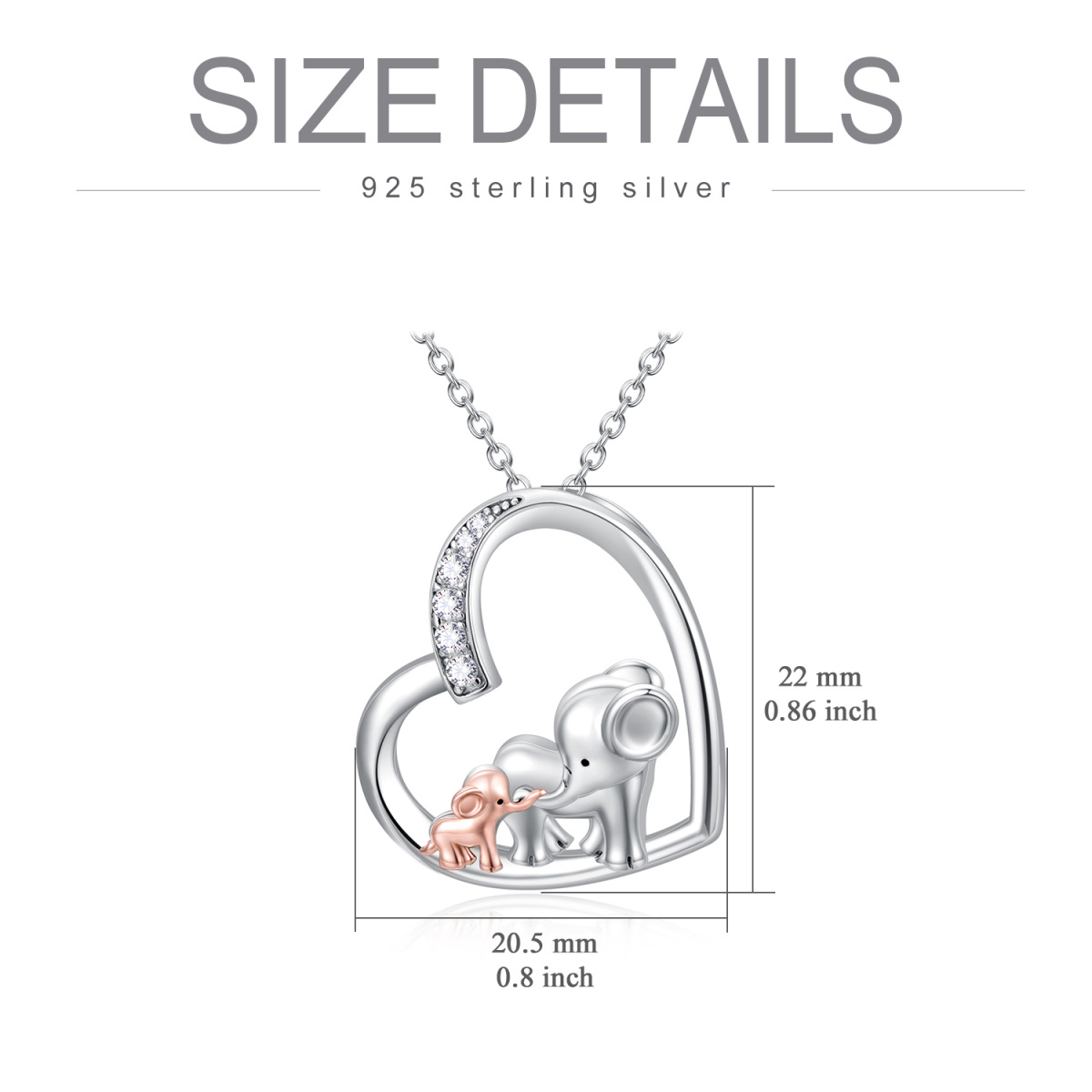 Collar de plata de ley de dos tonos de circonita cúbica Elefante Madre y Bebé Corazón Colgante-6