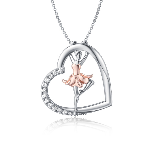 Sterling Silver Two-tone Circular Shaped Cubic Zirconia Ballet Dancer & Heart Pendant Necklace-0